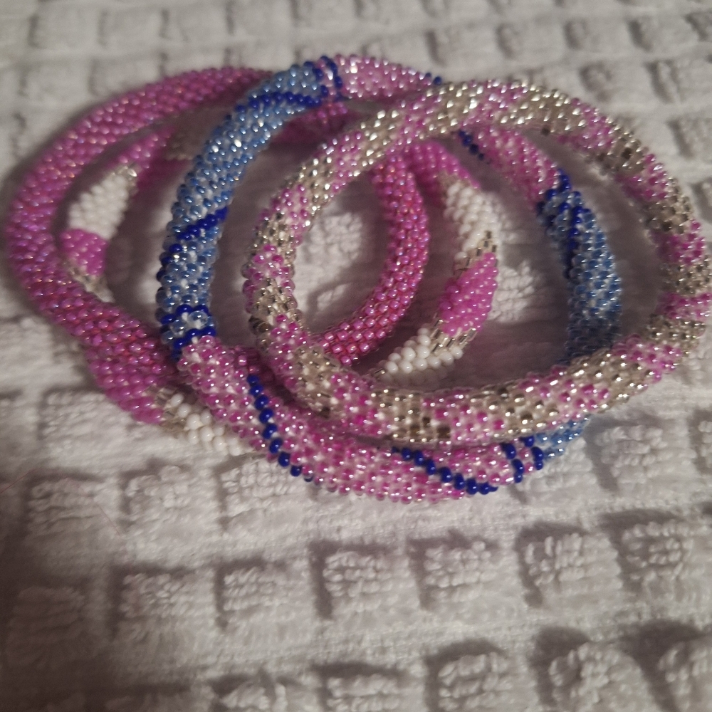 Beaded Bracelet Set - Pink, Blue, and White